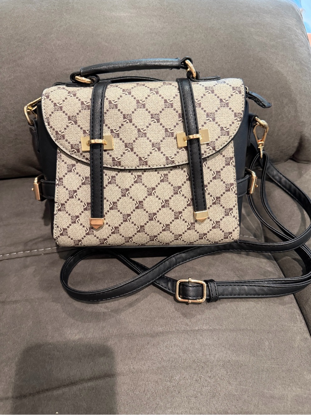 Black and Beige Patterned Top-Handle Satchel with Crossbody Strap